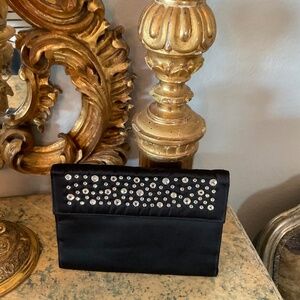 Vintage black satin clutch with faux stone detailing by Shirl Miller
